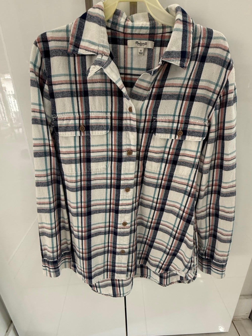Madewell White Plaid Button-Down Shirt with Navy and Teal Stripes